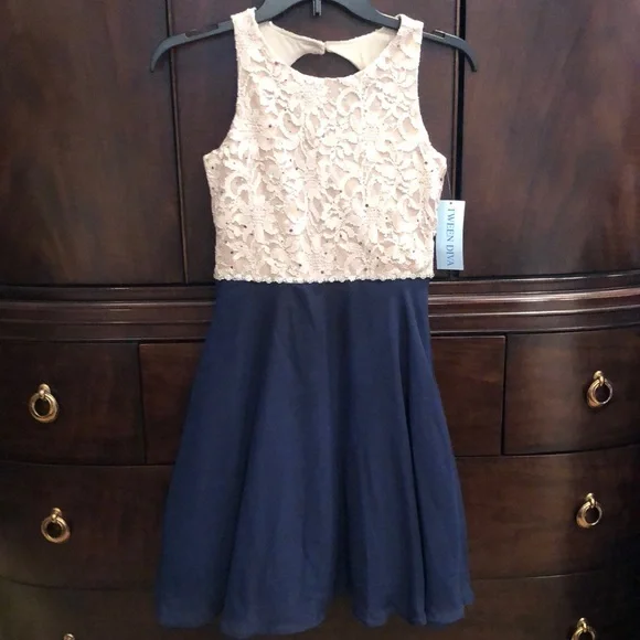 Dresses | Navy Blue And Beige Sleeveless Dress Girls Size 14 New With Tags  | Poshmark